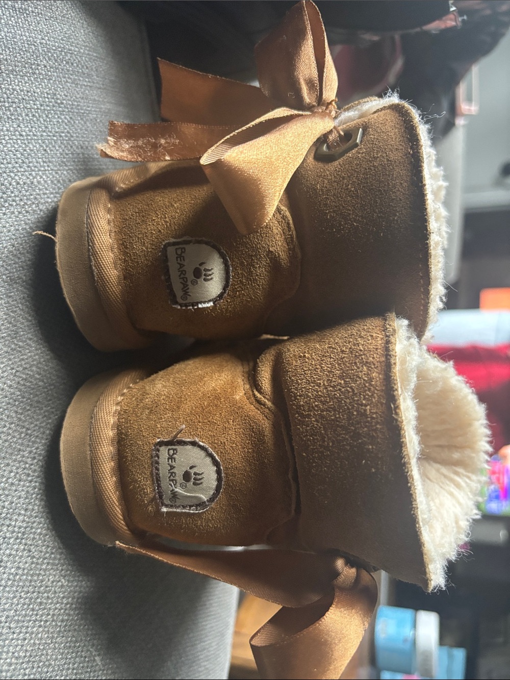 BearPaw Chestnut Suede girls  Boots with Satin Ribbon